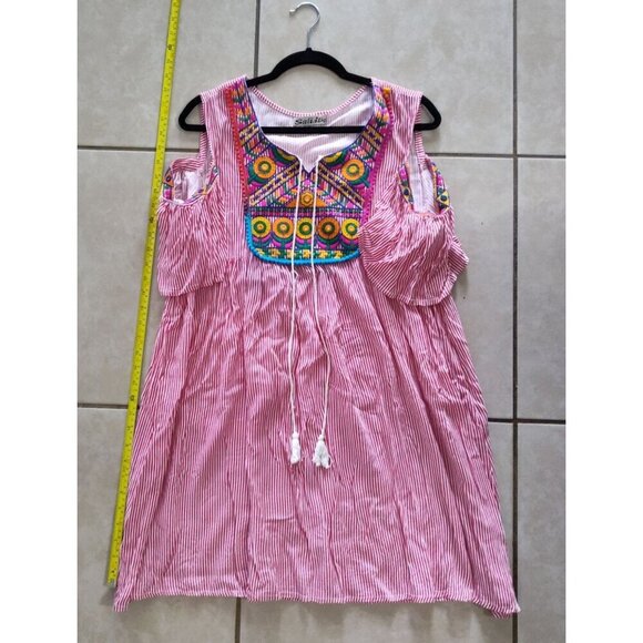 SAHIBA Stripe Flower Pot Patio House Dress TASSELS Red White L/XL - Picture 14 of 16